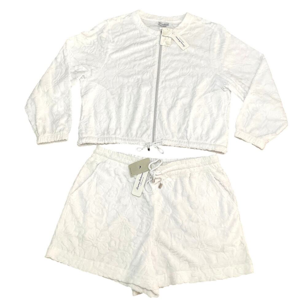 Tommy Bahama Terry Full Zip Jacket Shorts Set Large Hibiscus White NWT